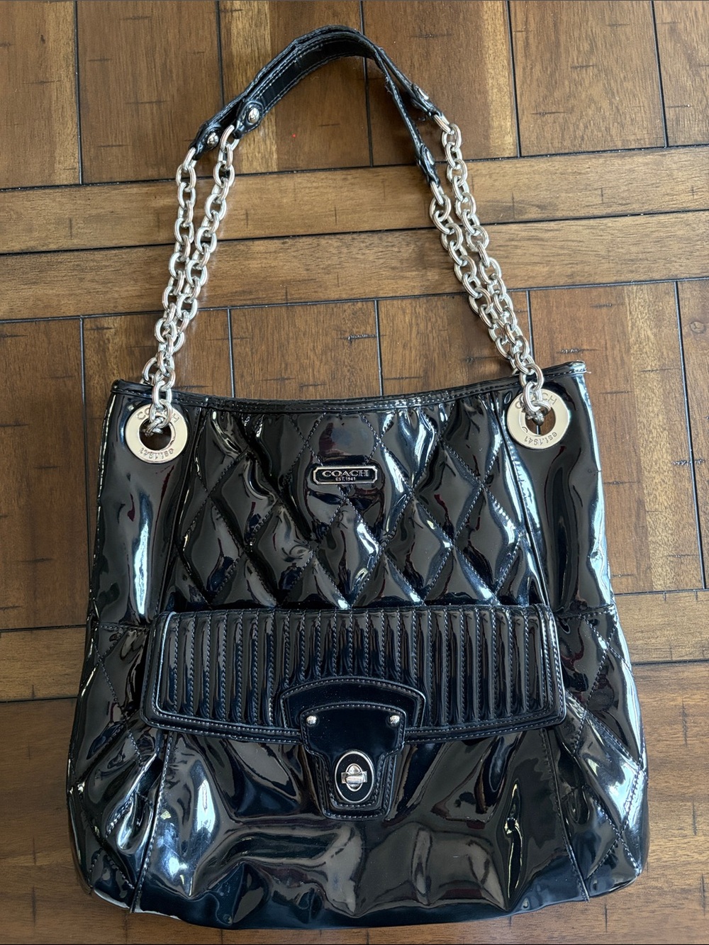 Coach Poppy Liquid Glass Quilted Patent Leather Shoulder Bag